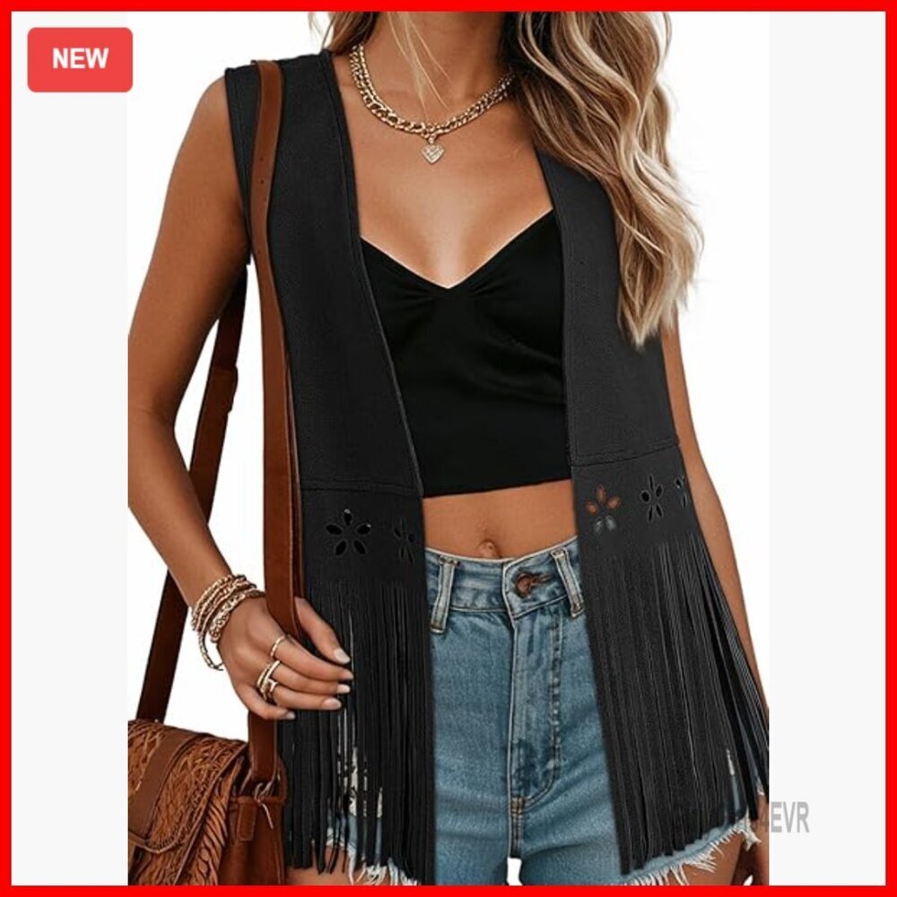 Faux Suede Fringe Vest Sleeveless Western Cowgirl Outerwear Hollow Out